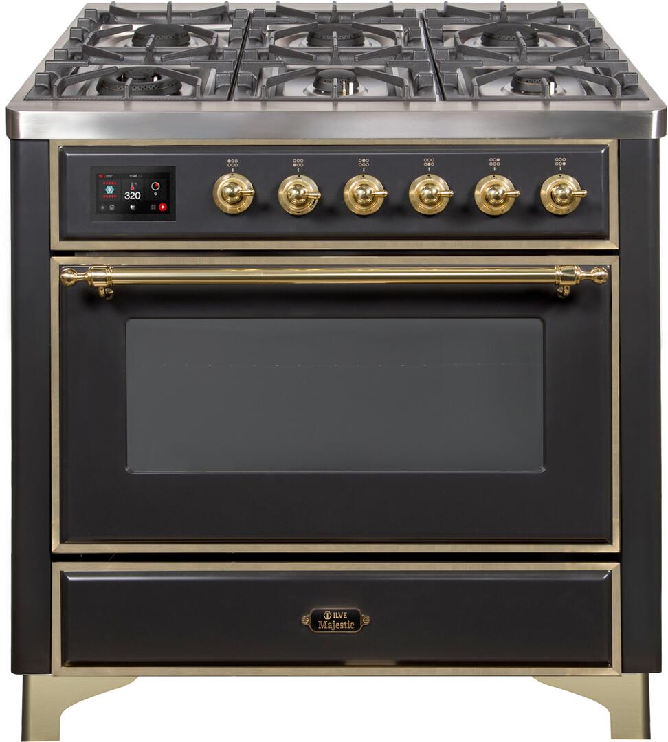 Ilve UM09FDNS3MGGLP Majestic Ii 36 Inch Dual Fuel Liquid Propane Freestanding Range In Matte Graphite With Brass Trim