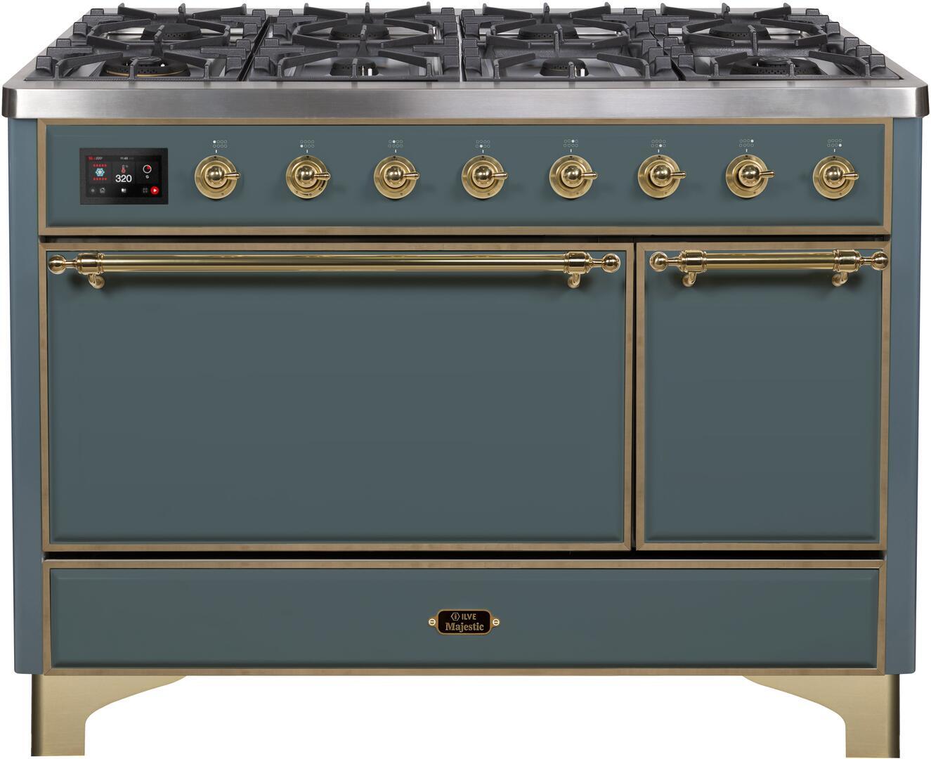 Ilve UM12FDQNS3BGGLP Majestic Ii 48 Inch Dual Fuel Liquid Propane Freestanding Range In Blue Grey With Brass Trim