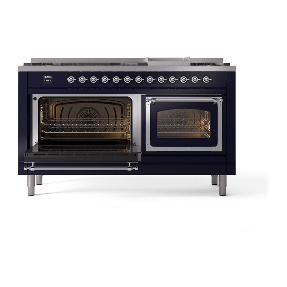 Ilve UN60FNMPMBC Ilve Un60Fnmpmbc Nostalgie Ii Noblesse 60" Dual Fuel Range (9 Sealed Burners + Griddle, Natural Gas, Triple Glass Door, Midnight Blue, Chrome)