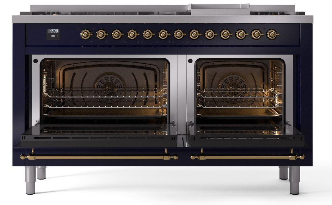 Ilve UP60FNMPMBG Nostalgie Ii 60 Inch Dual Fuel Natural Gas Freestanding Range In Blue With Brass Trim