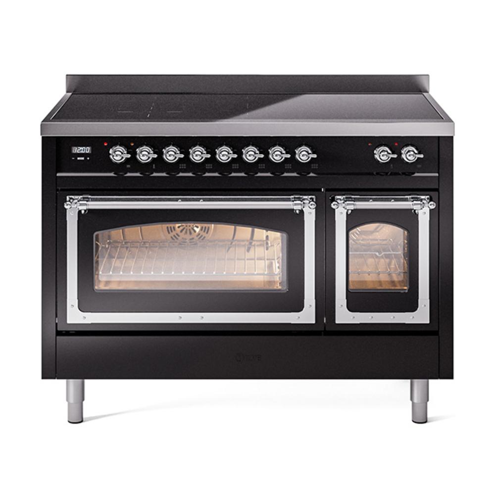 Ilve UNI486NMPBKC Ilve Uni486Nmpbkc Nostalgie Ii Noblesse 48" Induction Range (Triple Glass Door, Glossy Black, Chrome)