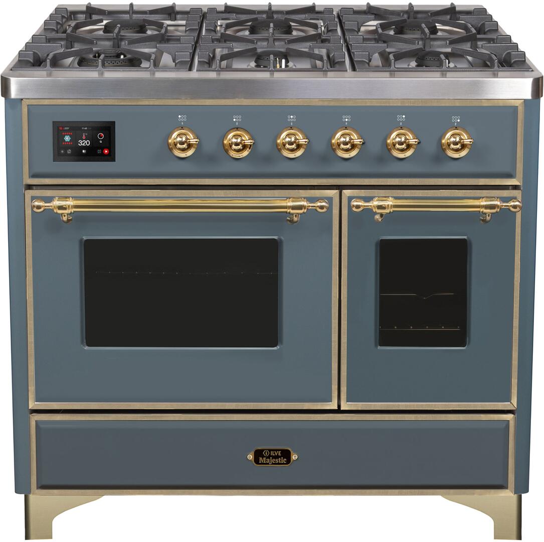 Ilve UMD10FDNS3BGG Majestic Ii 40 Inch Dual Fuel Natural Gas Freestanding Range In Blue Grey With Brass Trim