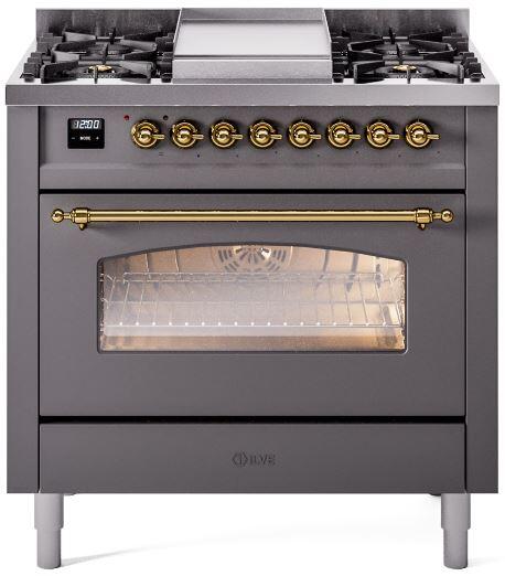 Ilve UP36FNMPMGG Nostalgie Ii 36 Inch Dual Fuel Natural Gas Freestanding Range In Matte Graphite With Brass Trim