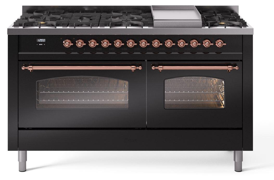 Ilve UP60FNMPBKPLP Nostalgie Ii 60 Inch Dual Fuel Liquid Propane Freestanding Range In Glossy Black With Copper Trim