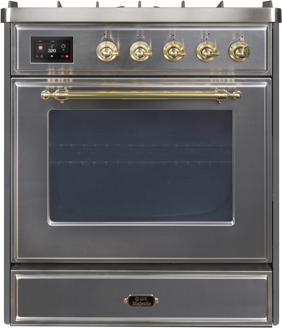 Ilve UM30DNE3SSG Majestic Ii 30 Inch Dual Fuel Natural Gas Freestanding Range In Stainless Steel With Brass Trim