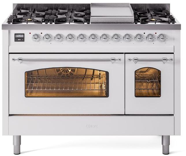 Ilve UP48FNMPWHC Nostalgie Ii 48 Inch Dual Fuel Natural Gas Freestanding Range In White With Chrome Trim