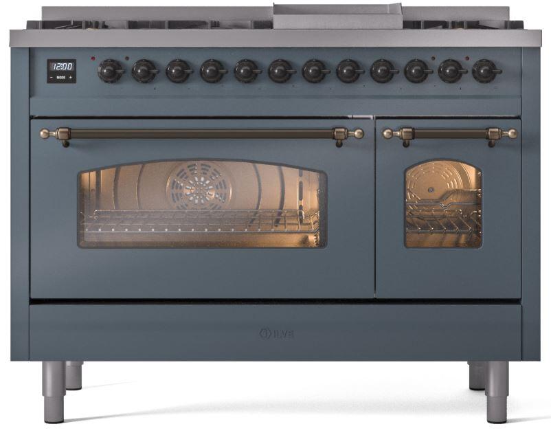 Ilve UP48FNMPBGBLP Nostalgie Ii 48 Inch Dual Fuel Liquid Propane Freestanding Range In Blue Grey With Bronze Trim