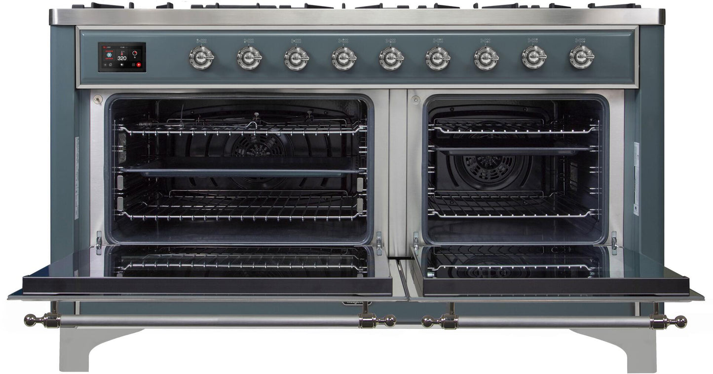 Ilve UM15FDNS3BGCLP Majestic Ii 60 Inch Dual Fuel Liquid Propane Freestanding Range In Blue Grey With Chrome Trim