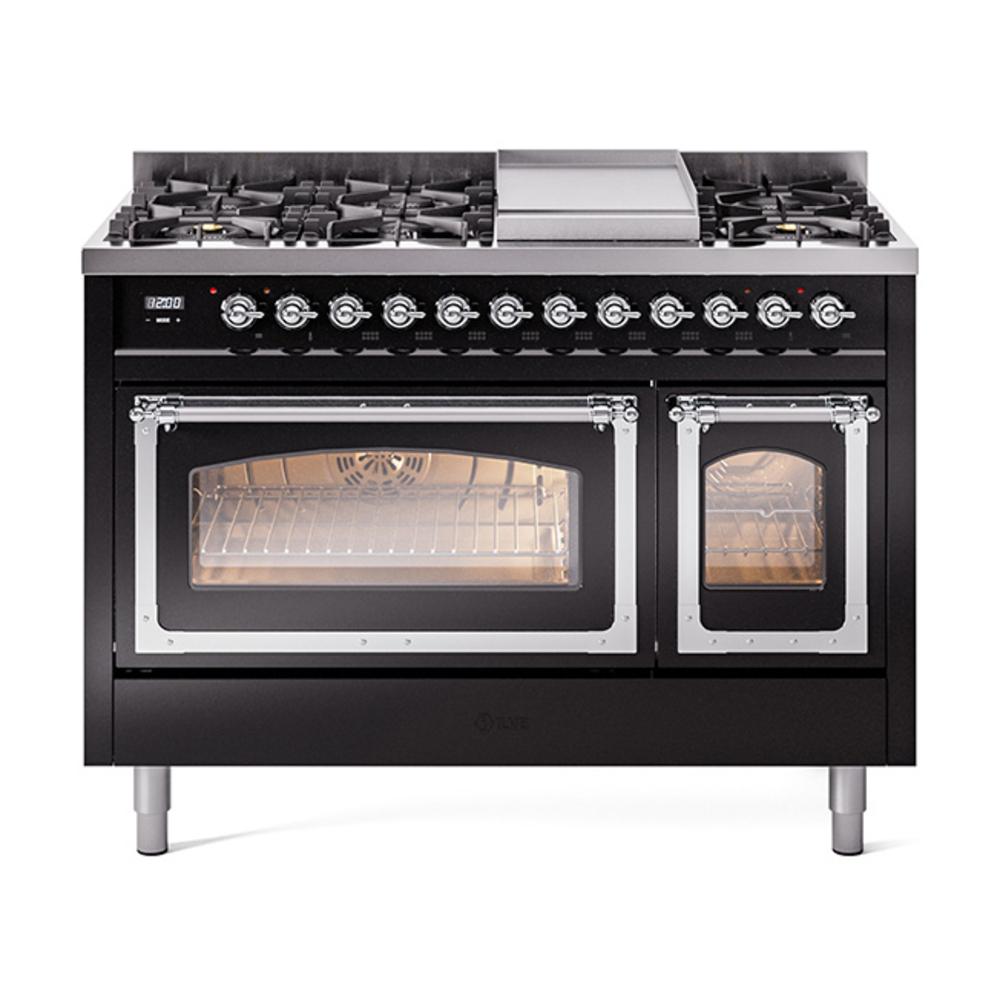 Ilve UN48FNMPBKCLP Ilve Un48Fnmpbkclp Nostalgie Ii Noblesse 48" Dual Fuel Range (8 Sealed Burners + Griddle, Liquid Propane, Triple Glass Door, Glossy Black, Chrome)