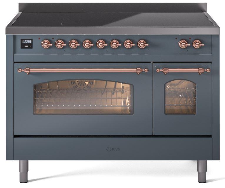 Ilve UPI486NMPBGP Nostalgie Ii 48 Inch Electric Freestanding Range In Blue Grey With Copper Trim