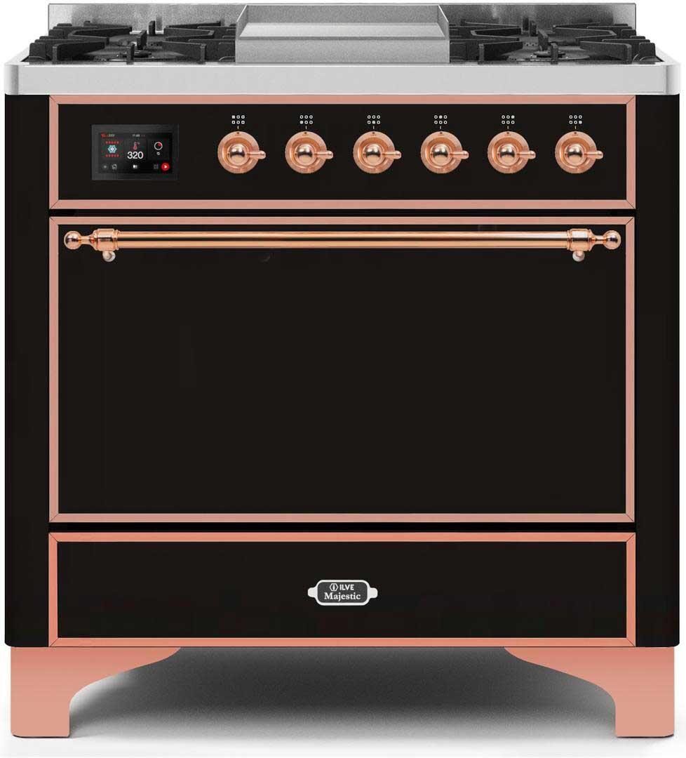 Ilve UM09FDQNS3BKP Majestic Ii 36 Inch Dual Fuel Natural Gas Freestanding Range In Glossy Black With Copper Trim