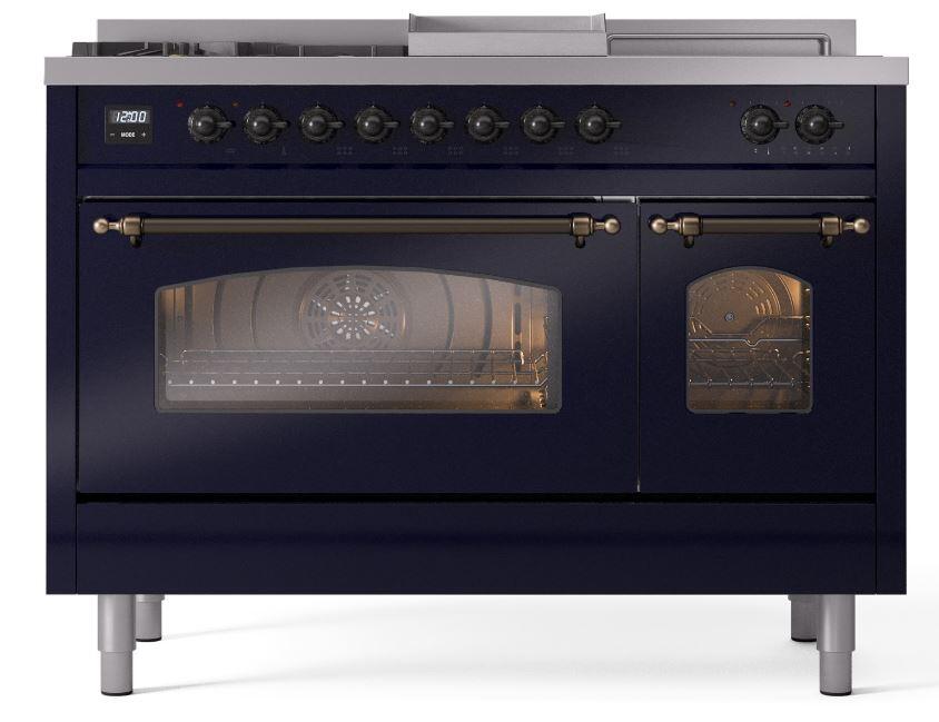 Ilve UP48FSNMPMBB Nostalgie Ii 48 Inch Dual Fuel Natural Gas Freestanding Range In Blue With Bronze Trim