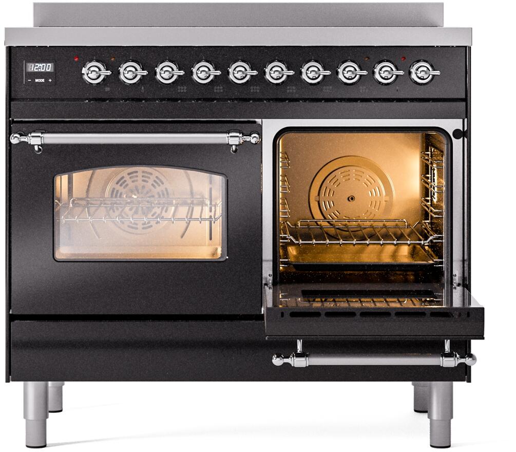 Ilve UPDI406NMPBKC Nostalgie Ii 40 Inch Electric Freestanding Range In Glossy Black With Chrome Trim