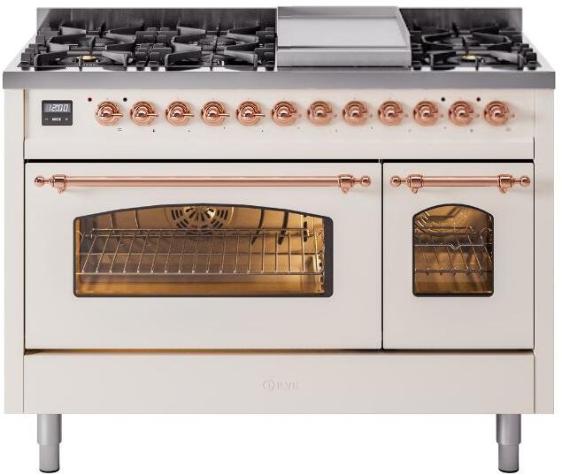 Ilve UP48FNMPAWPLP Nostalgie Ii 48 Inch Dual Fuel Liquid Propane Freestanding Range In Antique White With Copper Trim