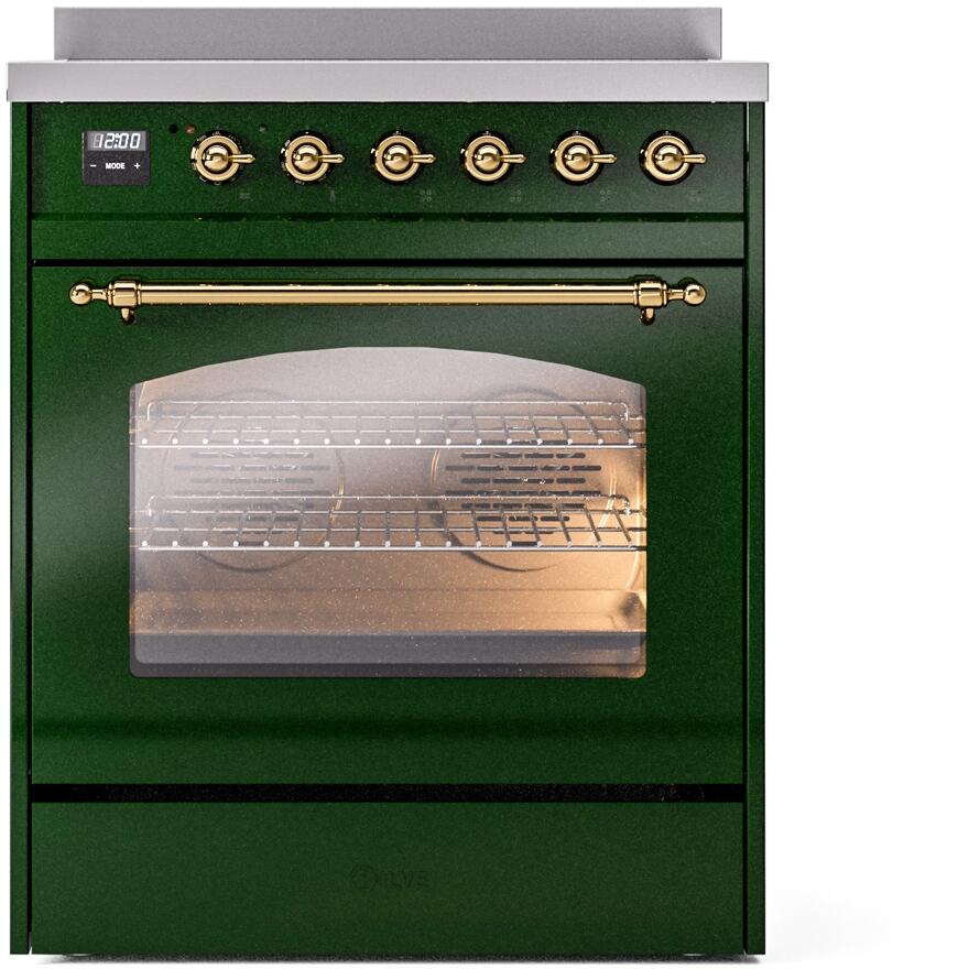 Ilve UPI304NMPEGG Nostalgie Ii 30 Inch Electric Freestanding Range In Emerald Green With Brass Trim