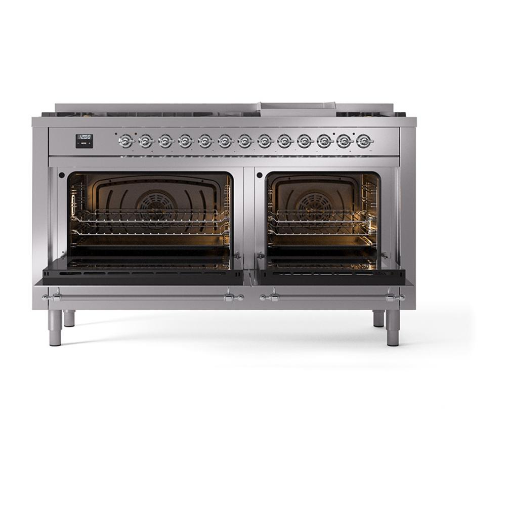 Ilve UN60FNMPSSC Ilve Un60Fnmpssc Nostalgie Ii Noblesse 60" Dual Fuel Range (9 Sealed Burners + Griddle, Natural Gas, Triple Glass Door, Stainless Steel, Chrome)