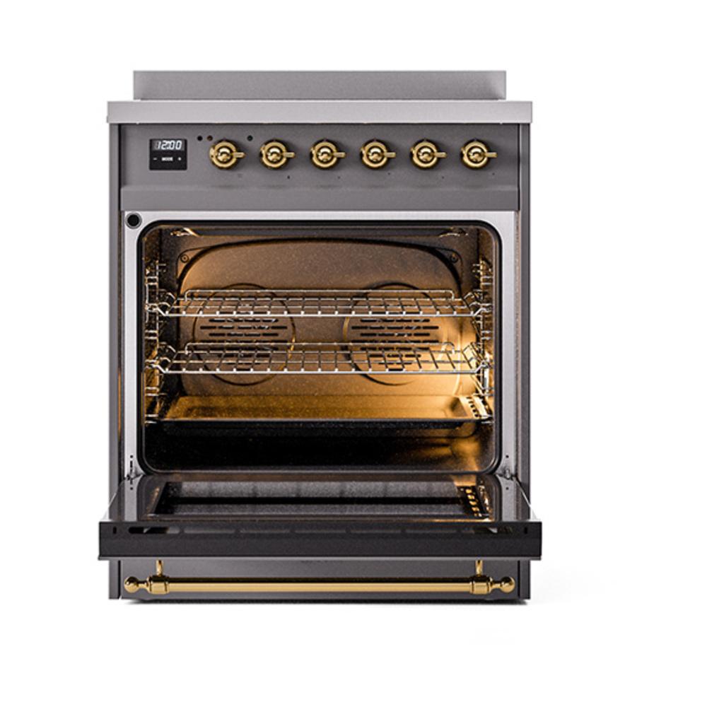 Ilve UNI304NMPMGG Ilve Uni304Nmpmgg Nostalgie Ii Noblesse 30" Induction Range (Triple Glass Door, Graphite Matte, Brass)