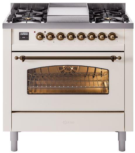 Ilve UP36FNMPAWBLP Nostalgie Ii 36 Inch Dual Fuel Liquid Propane Freestanding Range In Antique White With Bronze Trim