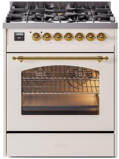 Ilve UP30NMPAWG Nostalgie Ii 30 Inch Dual Fuel Natural Gas Freestanding Range In Antique White With Brass Trim