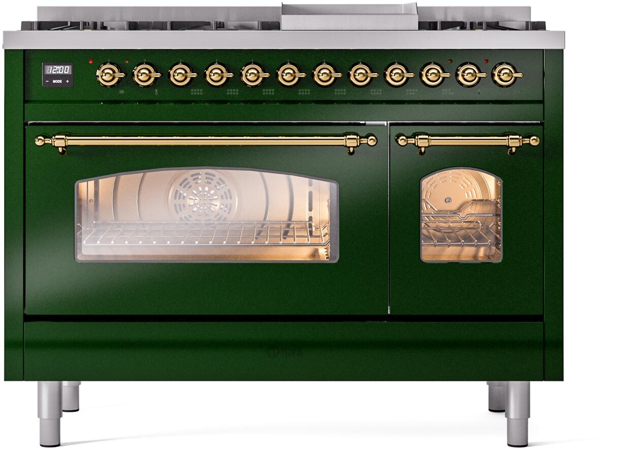 Ilve UP48FNMPEGGLP Nostalgie Ii 48 Inch Dual Fuel Liquid Propane Freestanding Range In Emerald Green With Brass Trim