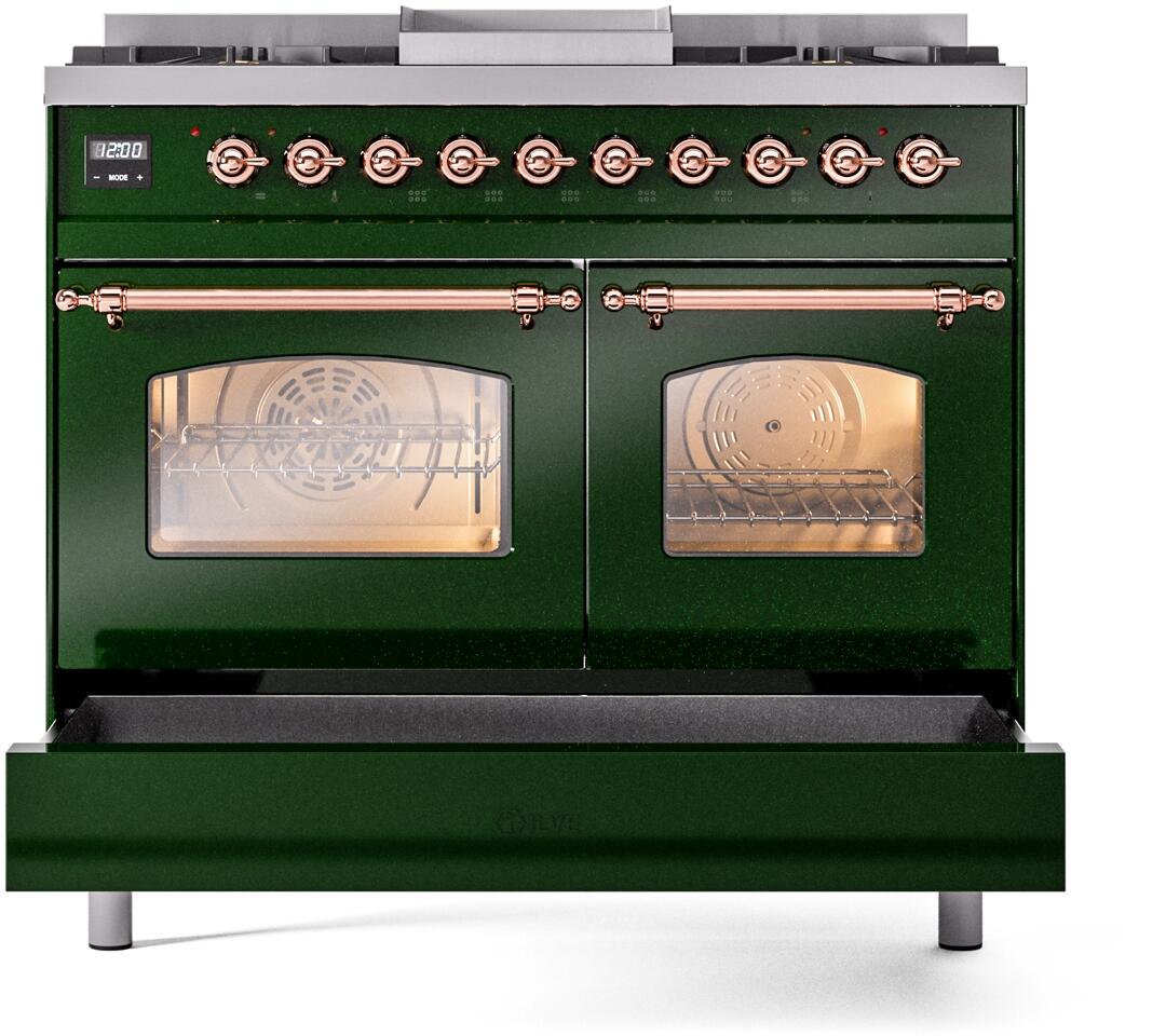 Ilve UPD40FNMPEGPLP Nostalgie Ii 40 Inch Dual Fuel Liquid Propane Freestanding Range In Emerald Green With Copper Trim