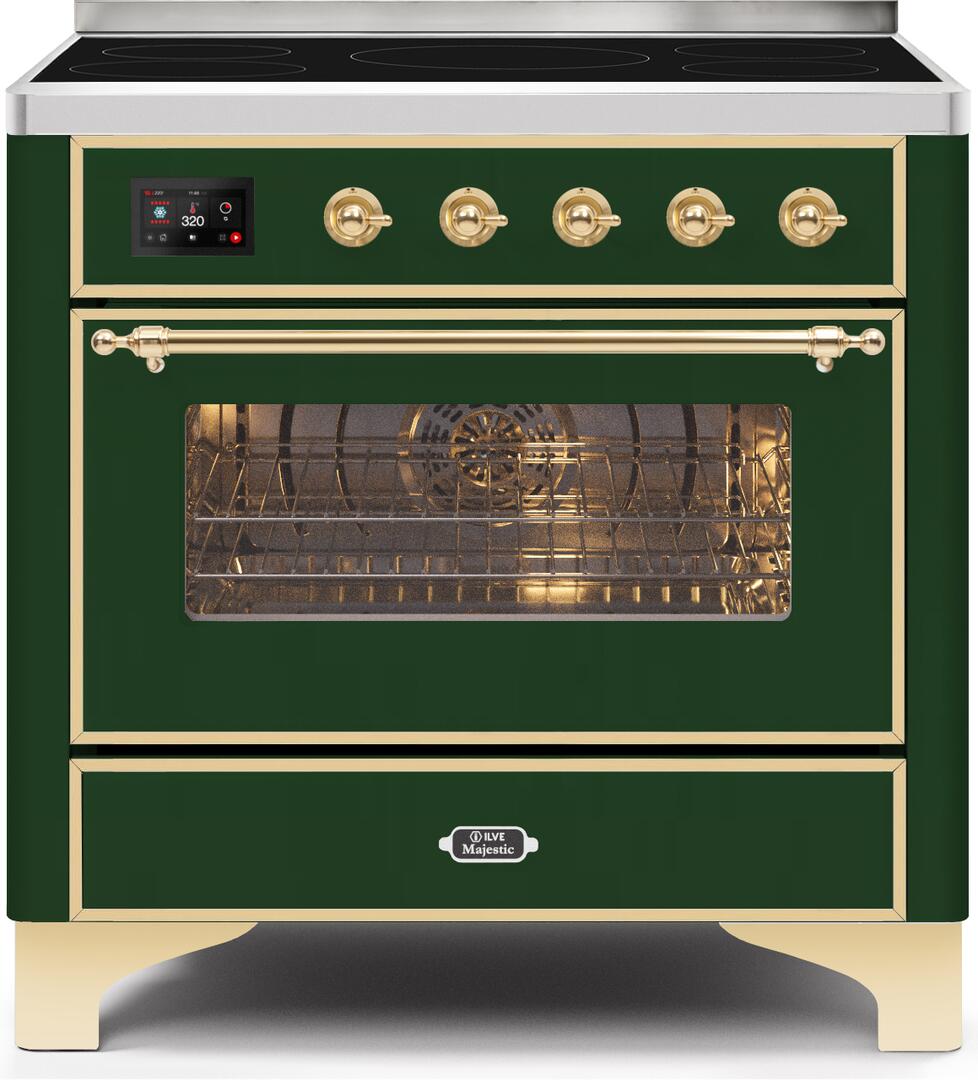 Ilve UMI09NS3EGG Majestic Ii 36 Inch Electric Freestanding Range In Emerald Green With Brass Trim