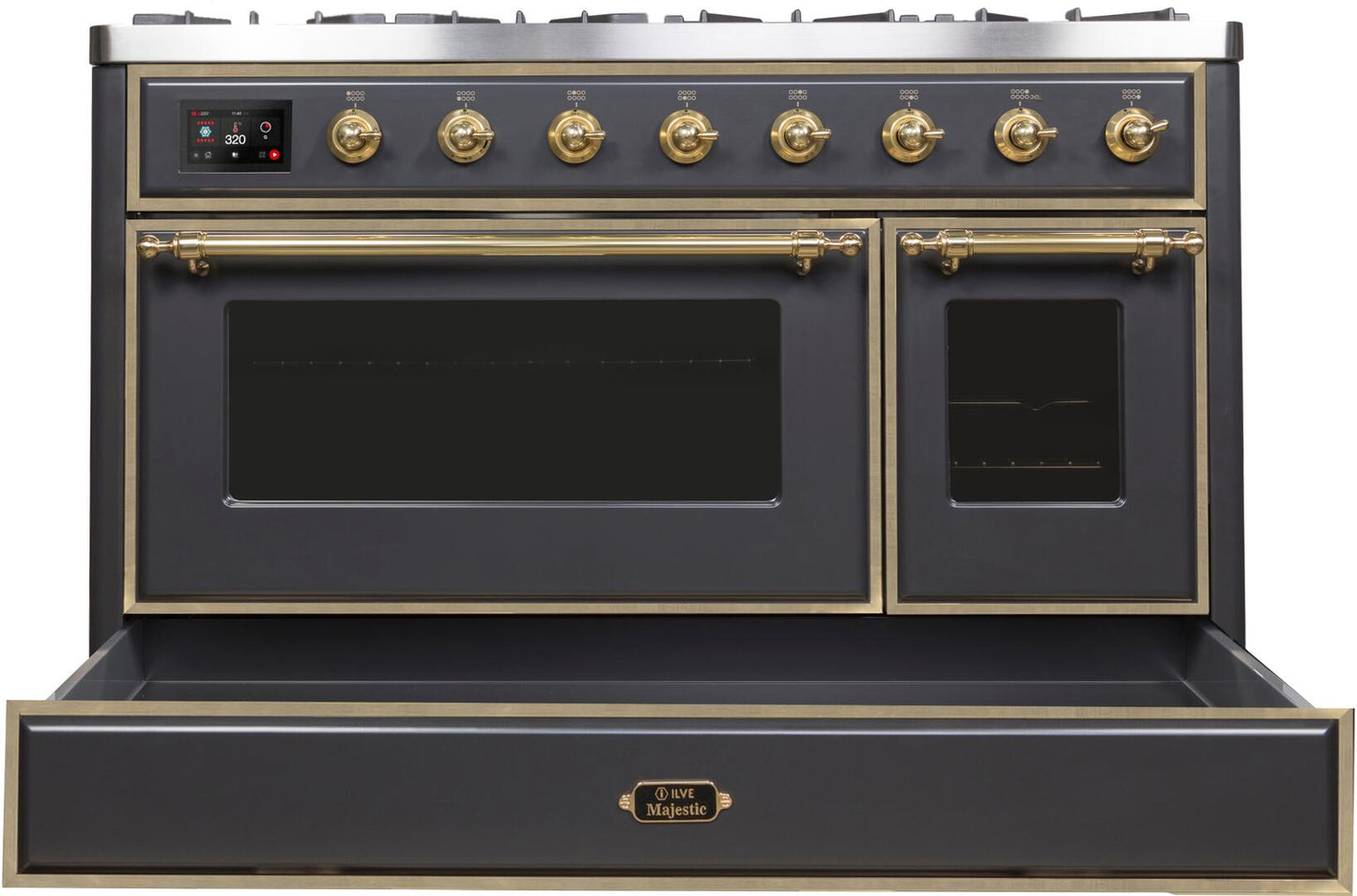 Ilve UM12FDNS3MGGLP Majestic Ii 48 Inch Dual Fuel Liquid Propane Freestanding Range In Matte Graphite With Brass Trim