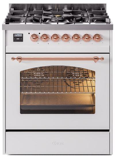 Ilve UP30NMPWHPLP Nostalgie Ii 30 Inch Dual Fuel Liquid Propane Freestanding Range In White With Copper Trim