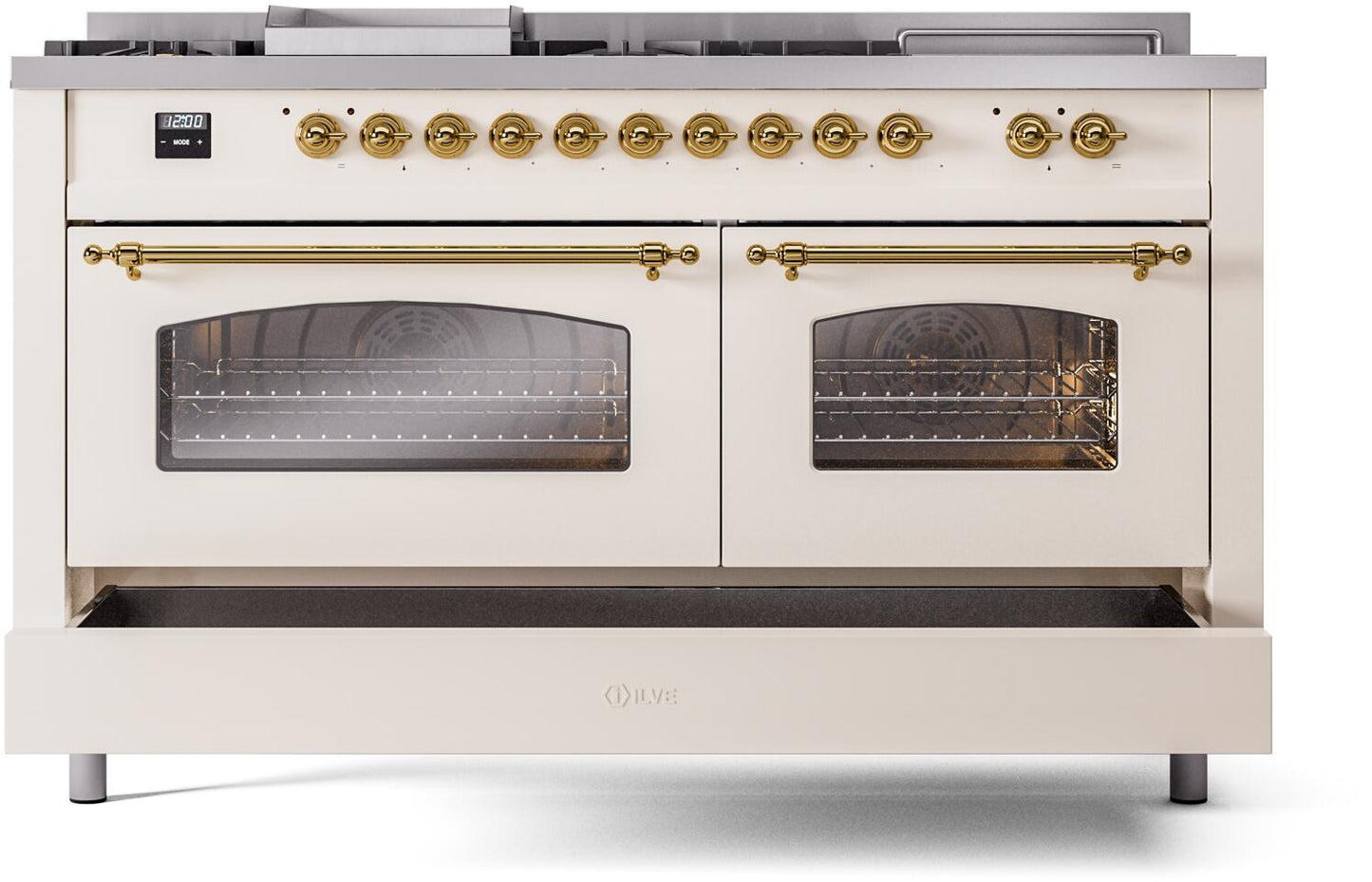 Ilve UP60FSNMPAWG Nostalgie Ii 60 Inch Dual Fuel Natural Gas Freestanding Range In Antique White With Brass Trim