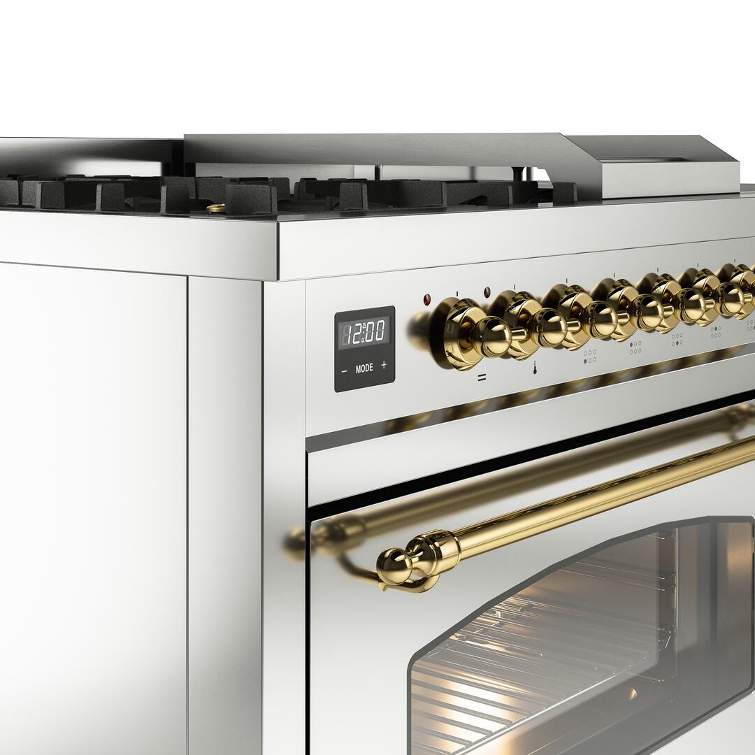 Ilve UP48FSNMPSSG Nostalgie Ii 48 Inch Dual Fuel Natural Gas Freestanding Range In Stainless Steel With Brass Trim