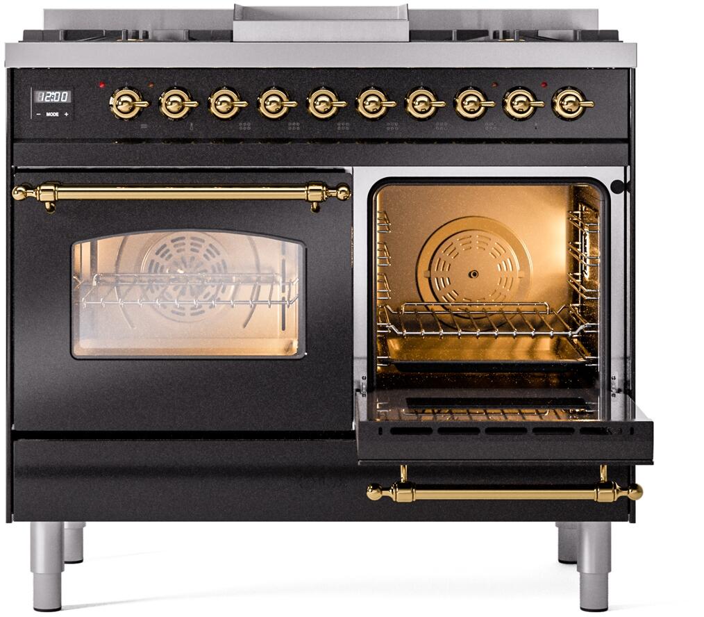 Ilve UPD40FNMPBKG Nostalgie Ii 40 Inch Dual Fuel Natural Gas Freestanding Range In Glossy Black With Brass Trim