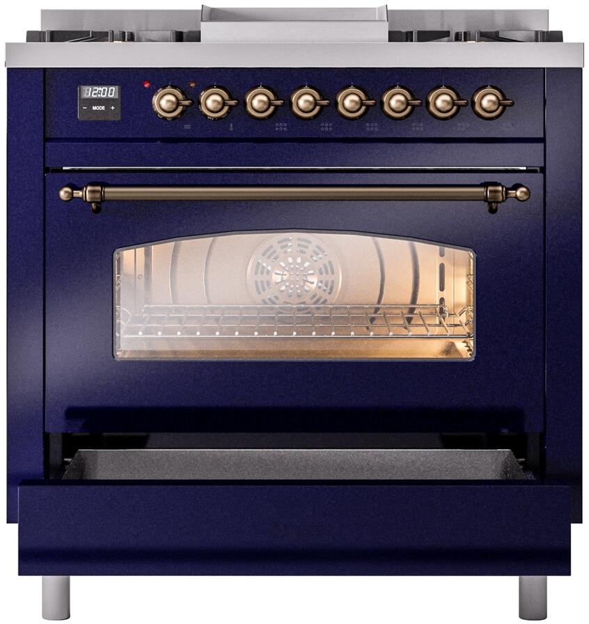 Ilve UP36FNMPMBBLP Nostalgie Ii 36 Inch Dual Fuel Liquid Propane Freestanding Range In Blue With Bronze Trim