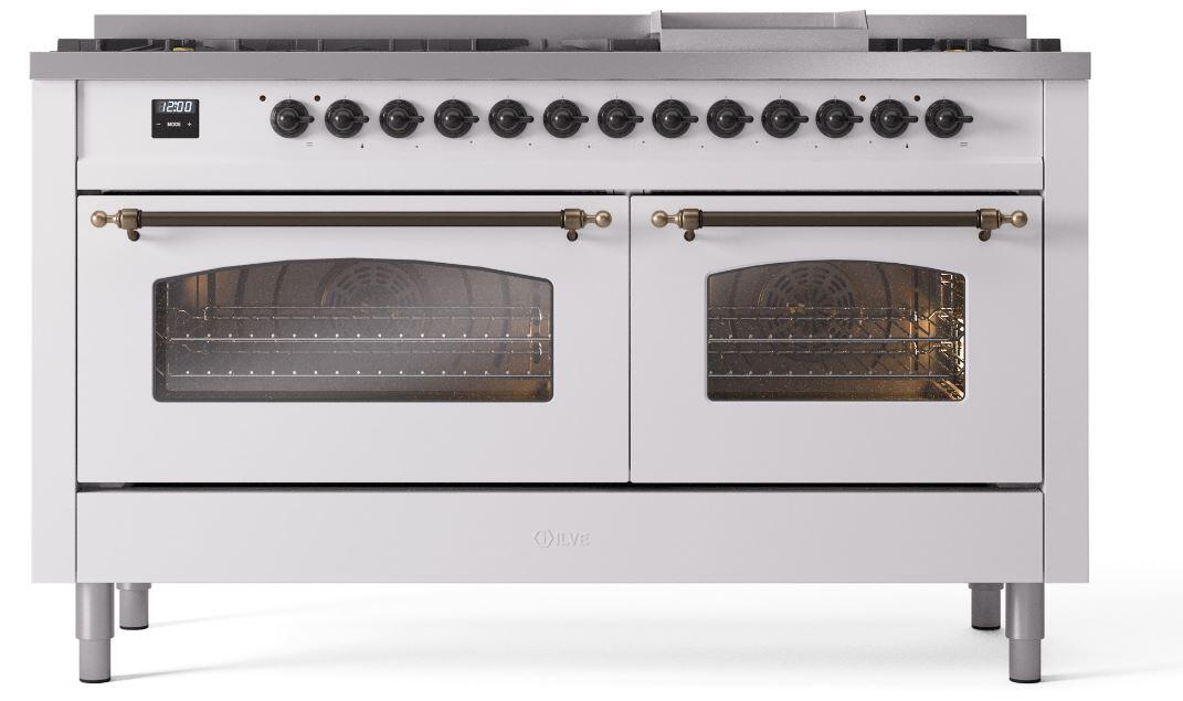 Ilve UP60FNMPWHB Nostalgie Ii 60 Inch Dual Fuel Natural Gas Freestanding Range In White With Bronze Trim