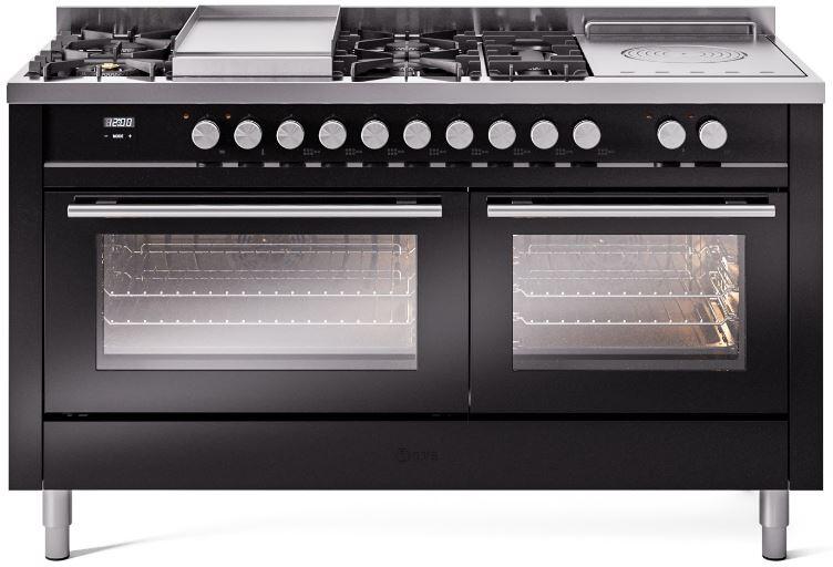 Ilve UP60FSWMPBK Professional Plus Ii 60 Inch Dual Fuel Natural Gas Freestanding Range In Glossy Black With Trim