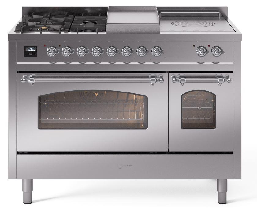 Ilve UP48FSNMPSSCLP Nostalgie Ii 48 Inch Dual Fuel Liquid Propane Freestanding Range In Stainless Steel With Chrome Trim