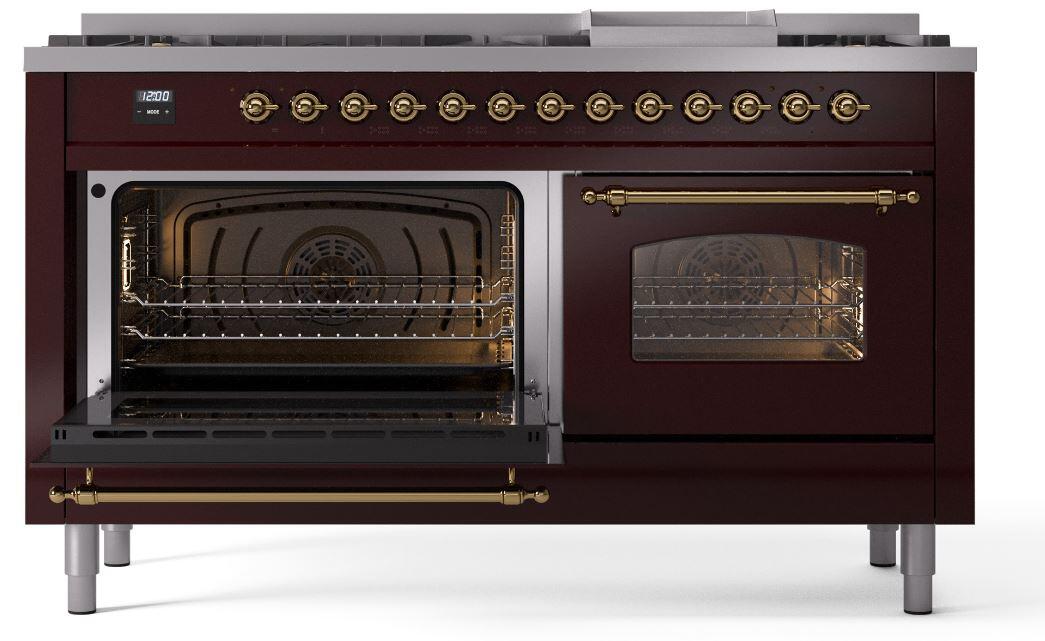 Ilve UP60FNMPBUGLP Nostalgie Ii 60 Inch Dual Fuel Liquid Propane Freestanding Range In Burgundy With Brass Trim