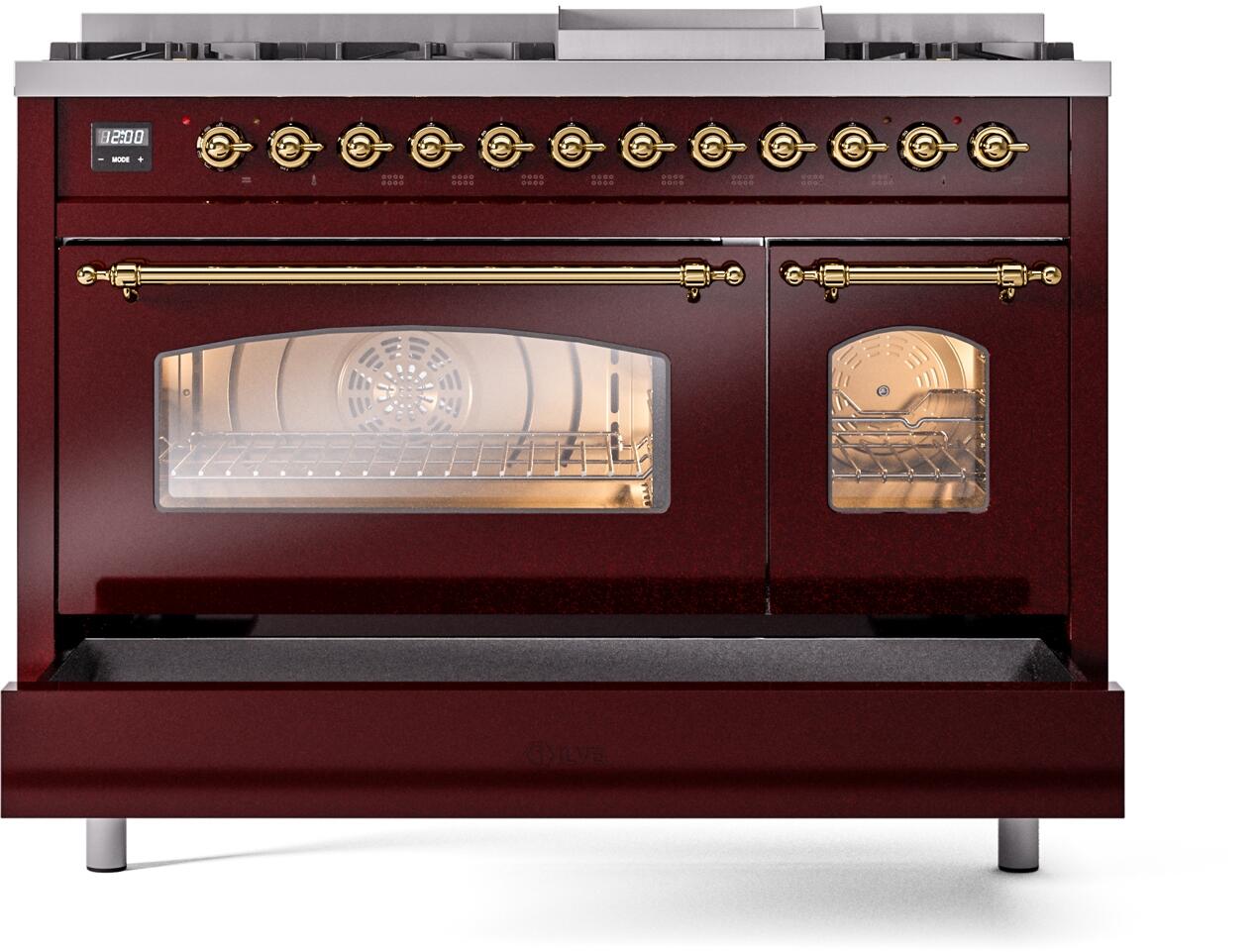 Ilve UP48FNMPBUG Nostalgie Ii 48 Inch Dual Fuel Natural Gas Freestanding Range In Burgundy With Brass Trim