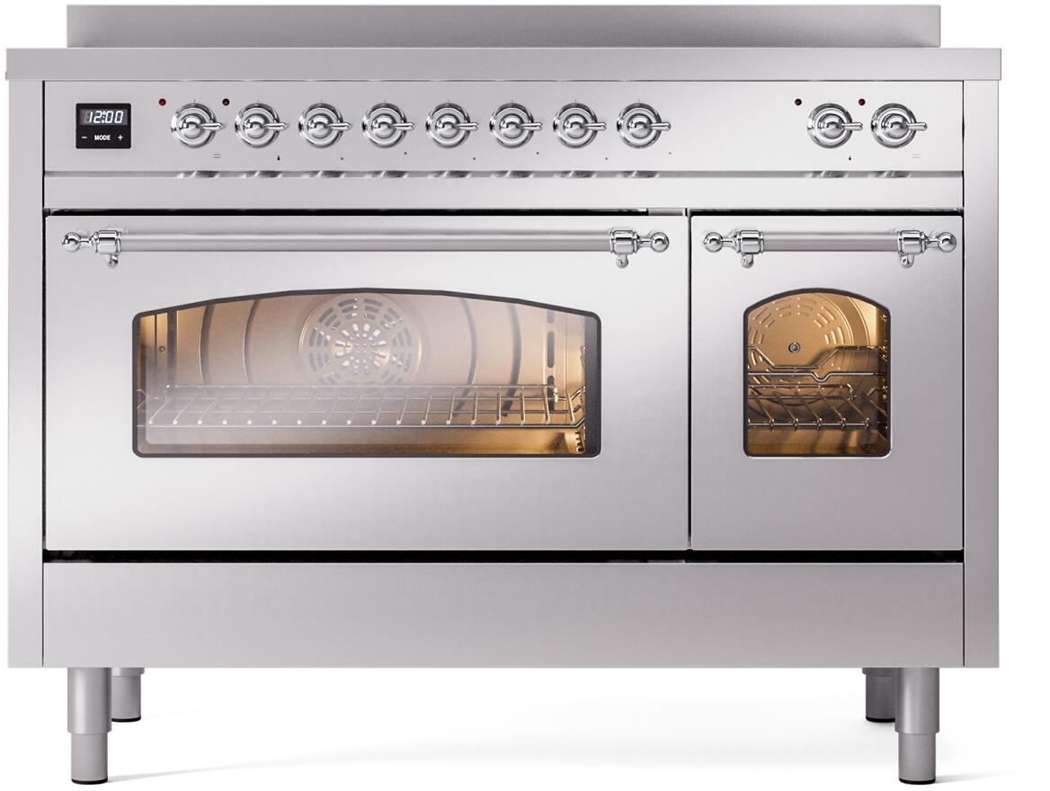 Ilve UPI486NMPSSC Nostalgie Ii 48 Inch Electric Freestanding Range In Stainless Steel With Chrome Trim