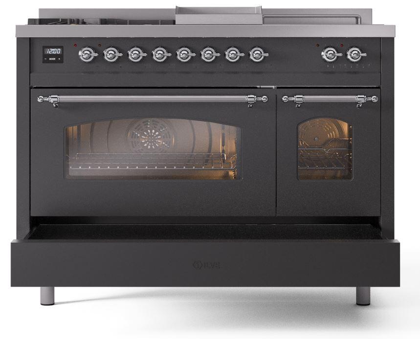 Ilve UP48FSNMPMGC Nostalgie Ii 48 Inch Dual Fuel Natural Gas Freestanding Range In Matte Graphite With Chrome Trim