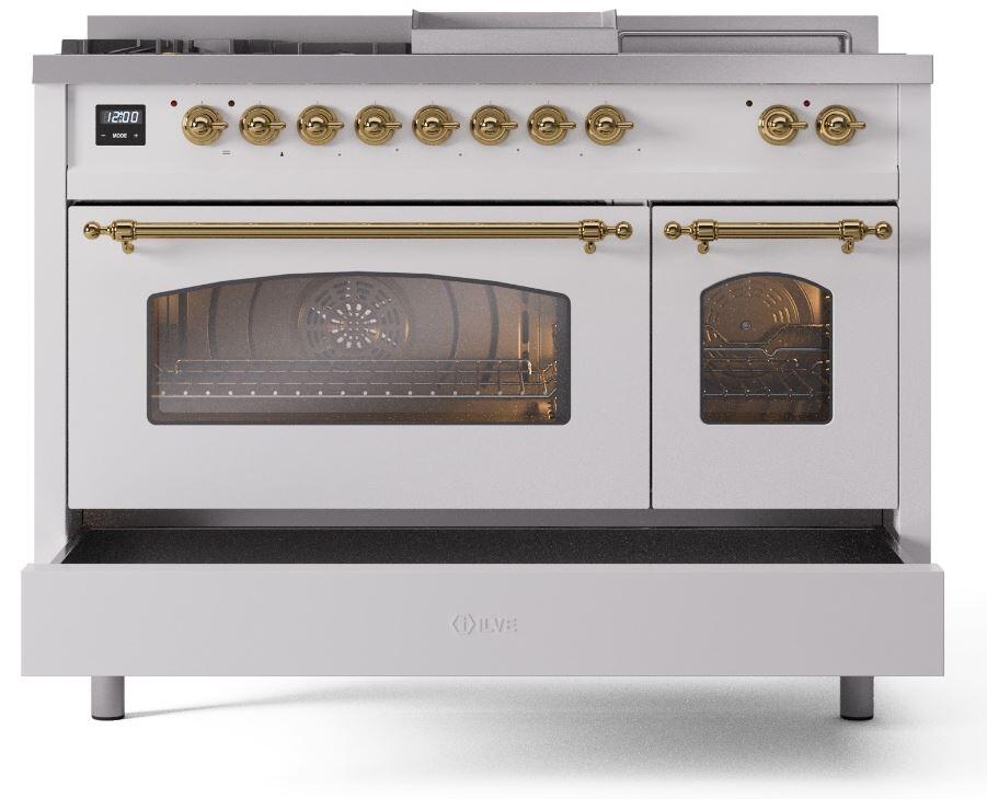 Ilve UP48FSNMPWHG Nostalgie Ii 48 Inch Dual Fuel Natural Gas Freestanding Range In White With Brass Trim