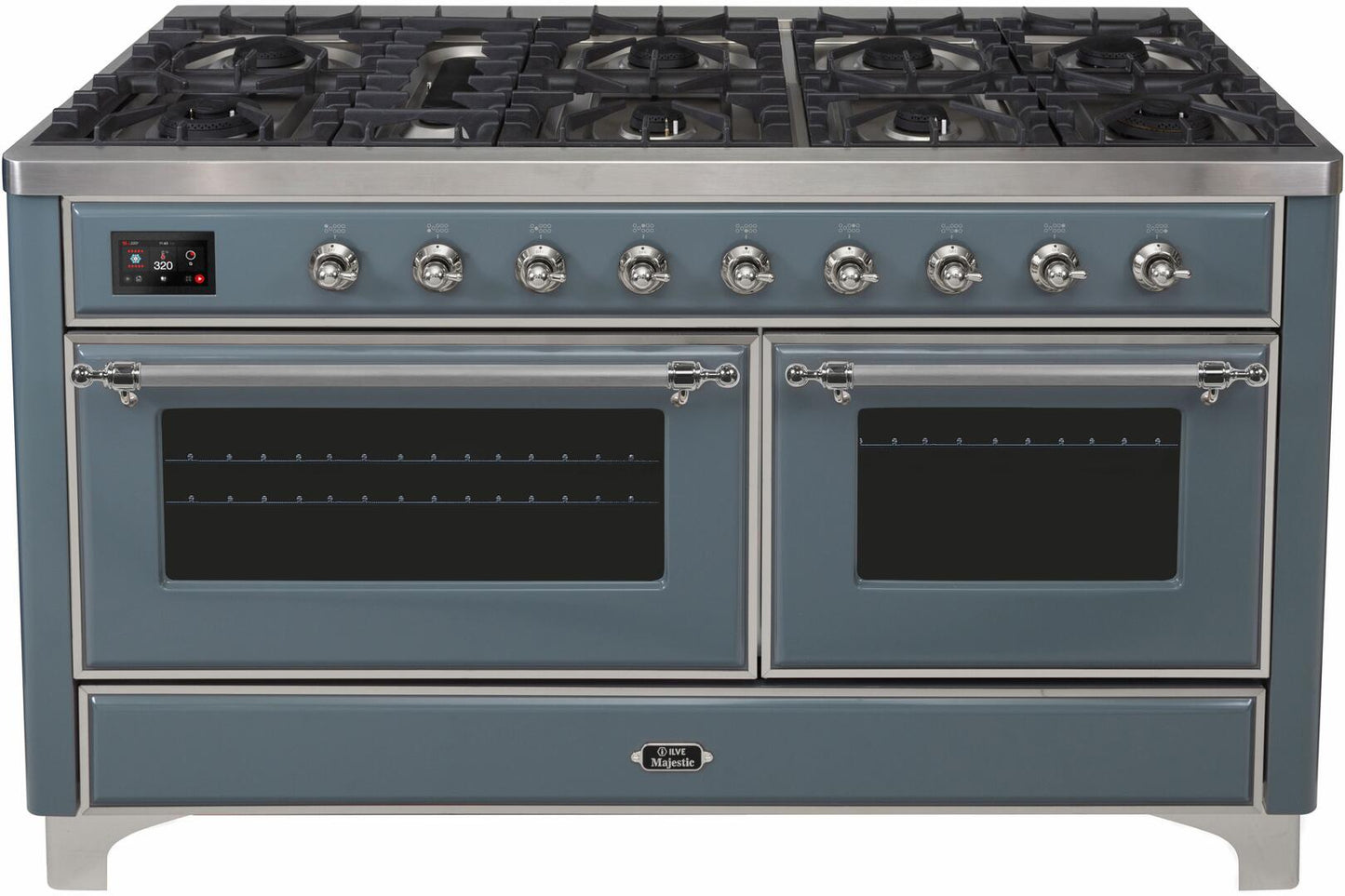 Ilve UM15FDNS3BGCLP Majestic Ii 60 Inch Dual Fuel Liquid Propane Freestanding Range In Blue Grey With Chrome Trim