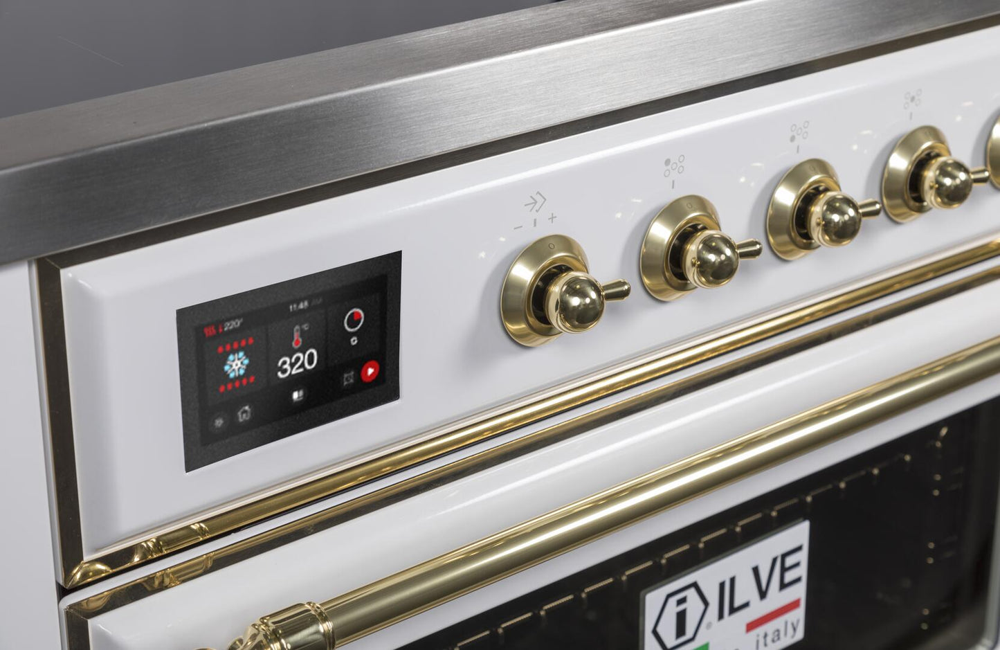 Ilve UMI09NS3WHG Majestic Ii 36 Inch Electric Freestanding Range In White With Brass Trim