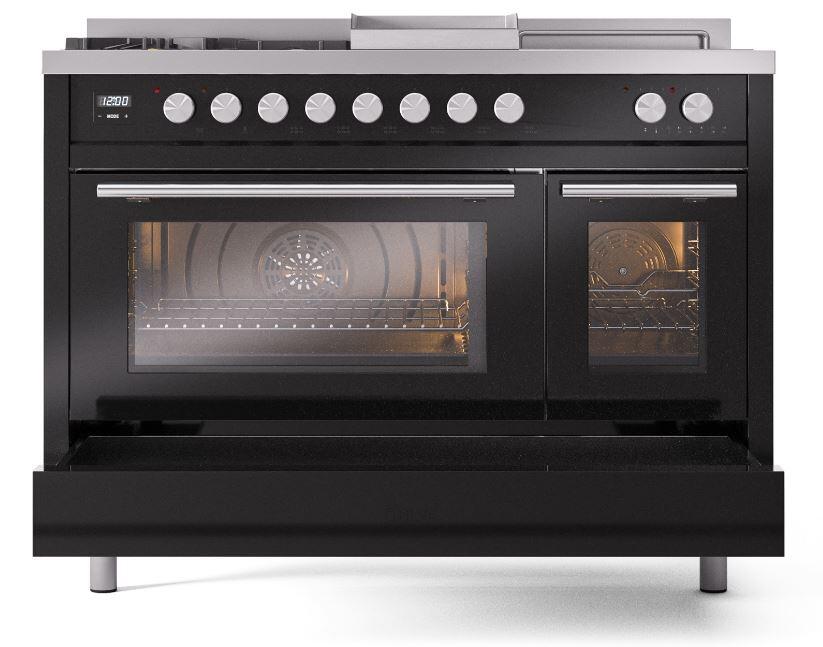 Ilve UP48FSWMPBKLP Professional Plus Ii 48 Inch Dual Fuel Liquid Propane Freestanding Range In Glossy Black With Trim