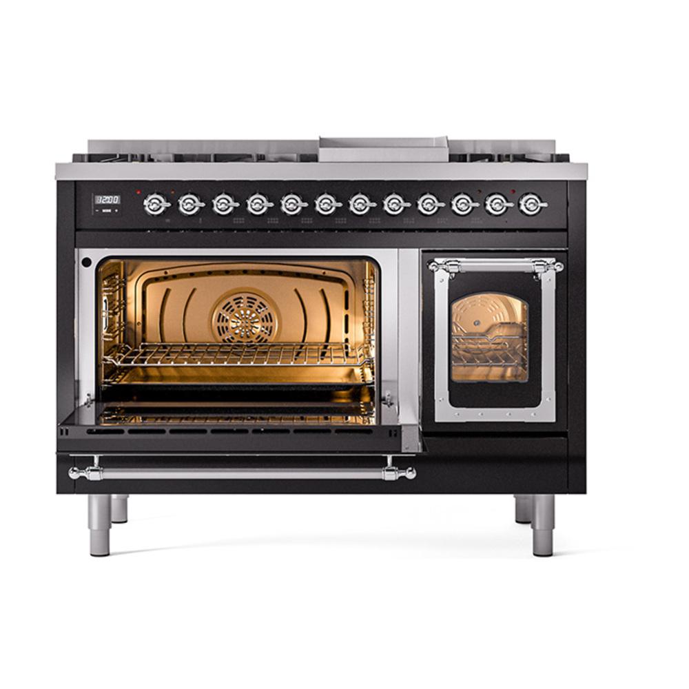 Ilve UN48FNMPBKCLP Ilve Un48Fnmpbkclp Nostalgie Ii Noblesse 48" Dual Fuel Range (8 Sealed Burners + Griddle, Liquid Propane, Triple Glass Door, Glossy Black, Chrome)