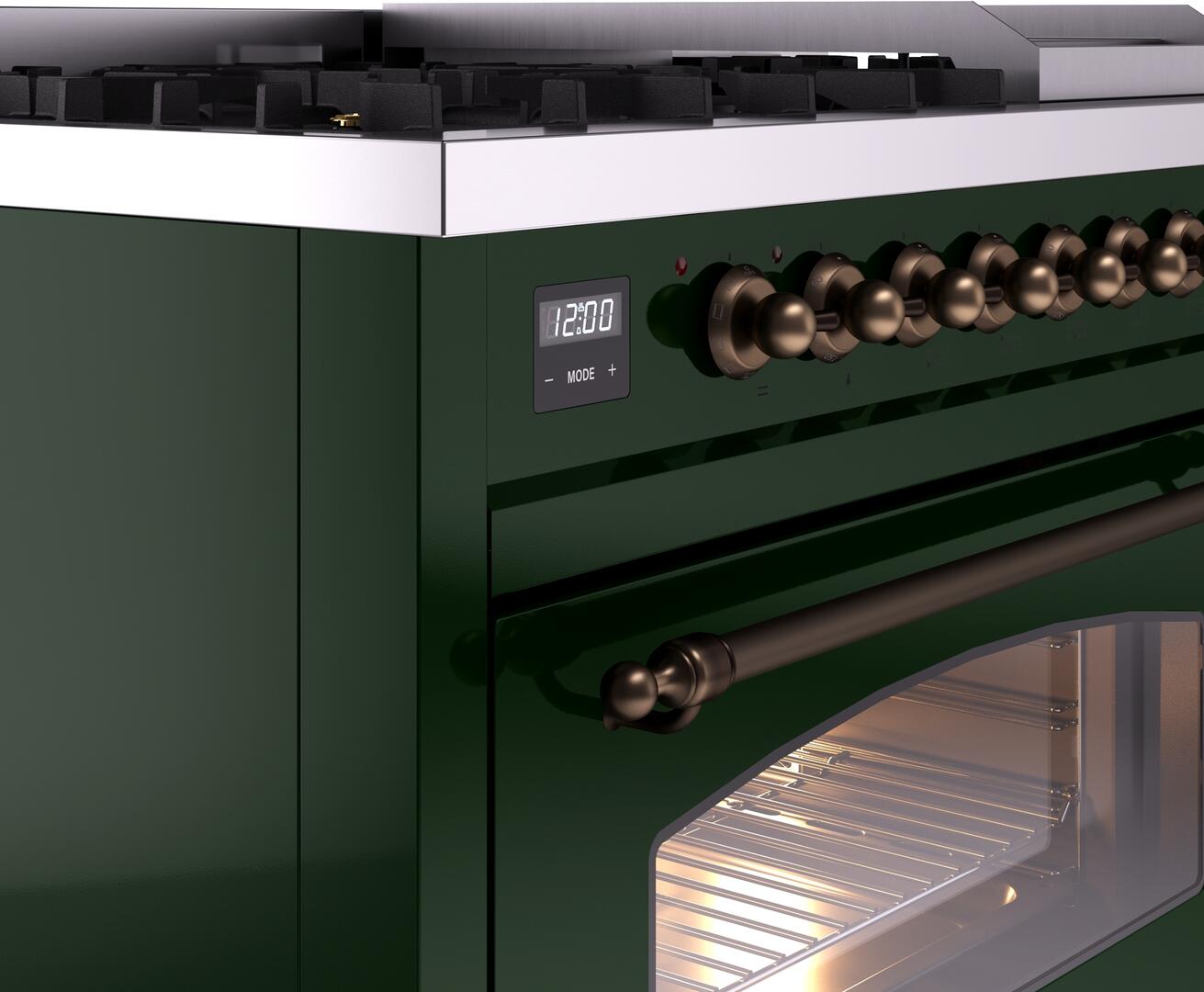 Ilve UP48FNMPEGB Nostalgie Ii 48 Inch Dual Fuel Natural Gas Freestanding Range In Emerald Green With Bronze Trim