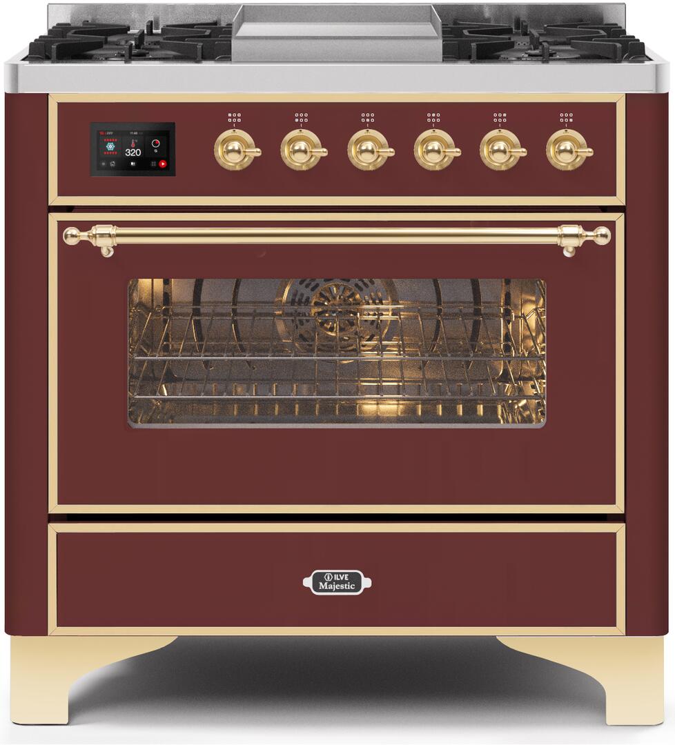 Ilve UM09FDNS3BUGLP Majestic Ii 36 Inch Dual Fuel Liquid Propane Freestanding Range In Burgundy With Brass Trim