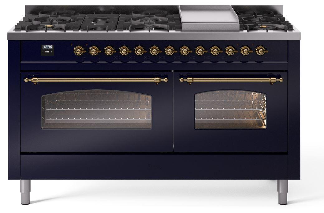 Ilve UP60FNMPMBG Nostalgie Ii 60 Inch Dual Fuel Natural Gas Freestanding Range In Blue With Brass Trim