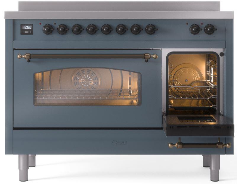 Ilve UPI486NMPBGB Nostalgie Ii 48 Inch Electric Freestanding Range In Blue Grey With Bronze Trim