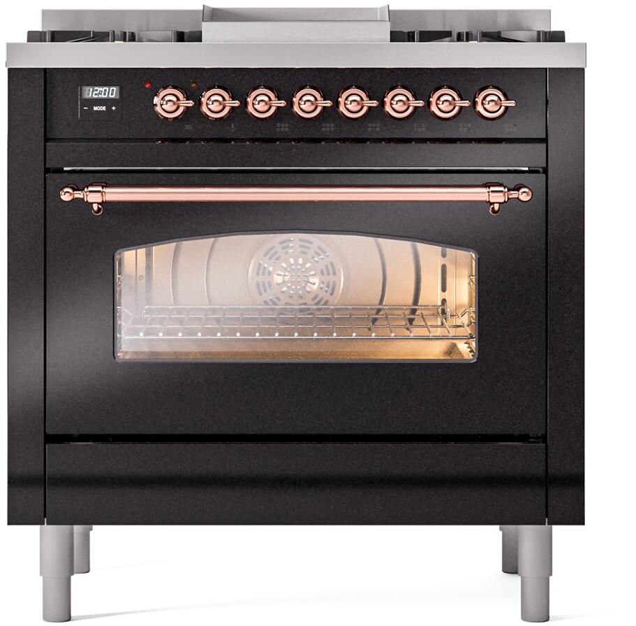 Ilve UP36FNMPBKPLP Nostalgie Ii 36 Inch Dual Fuel Liquid Propane Freestanding Range In Glossy Black With Copper Trim