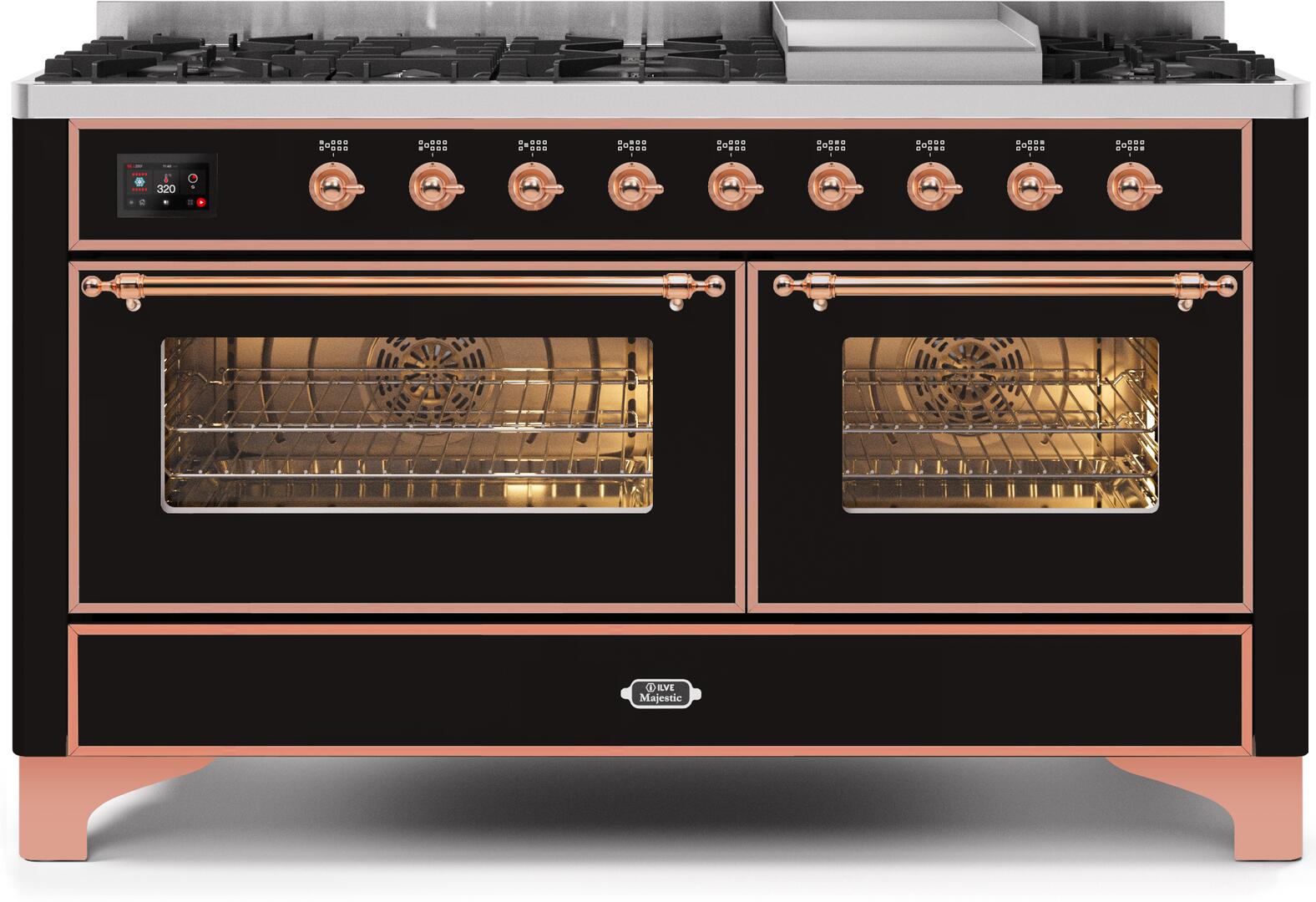 Ilve UM15FDNS3BKP Majestic Ii 60 Inch Dual Fuel Natural Gas Freestanding Range In Glossy Black With Copper Trim